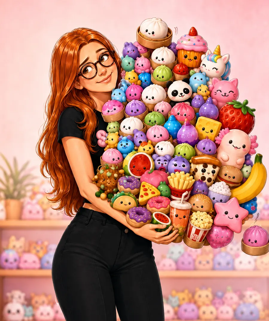 Rebecca holding an overflowing armful of Squishby characters