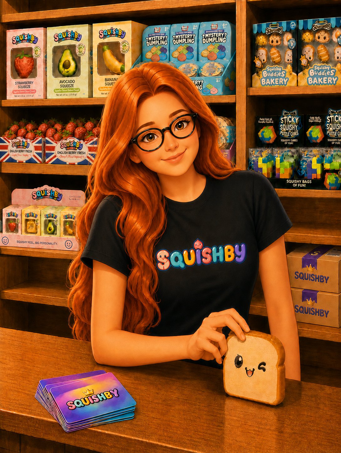 Rebecca smiling behind the Squishby shop counter, holding a toast character, with stocked wooden shelves behind her